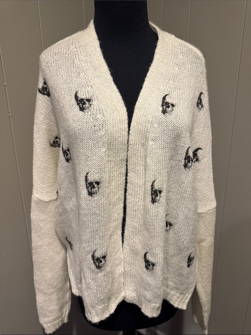 Wooden Ships Off White Open-Front Cardigan Black Skull Motif acrylic/mohair/wool